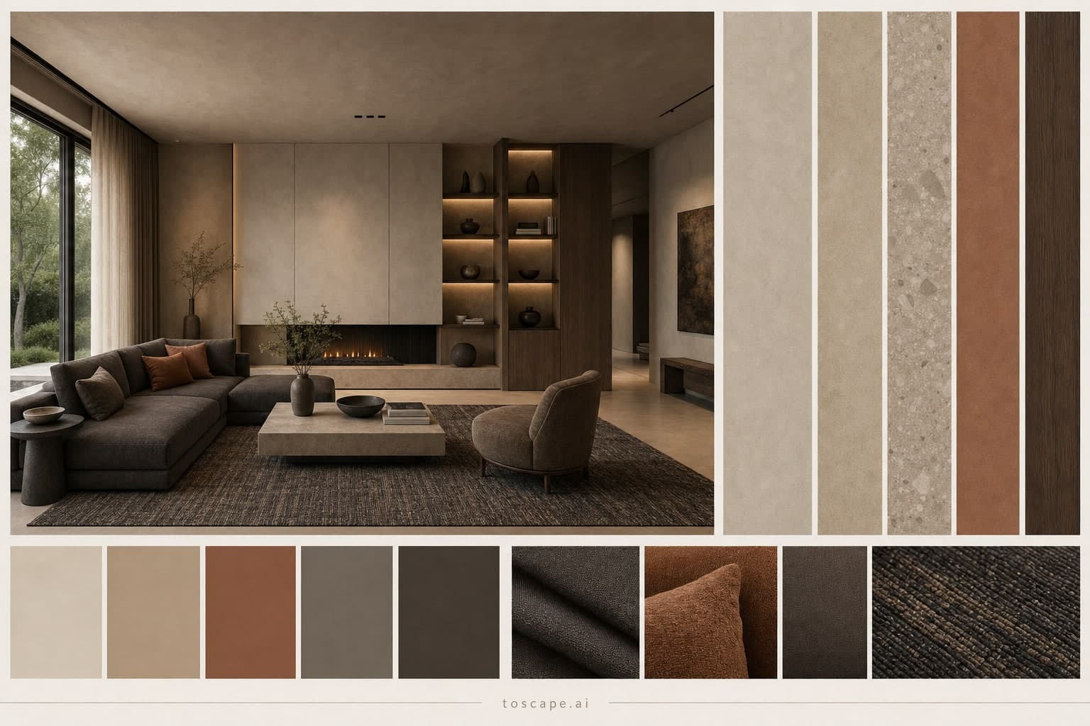 Modern Earth Organic Living Room — Brushed Metal interior moodboard plate