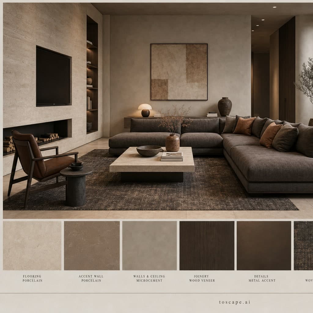 Modern Earth Organic Living Room — Brushed Metal interior moodboard card