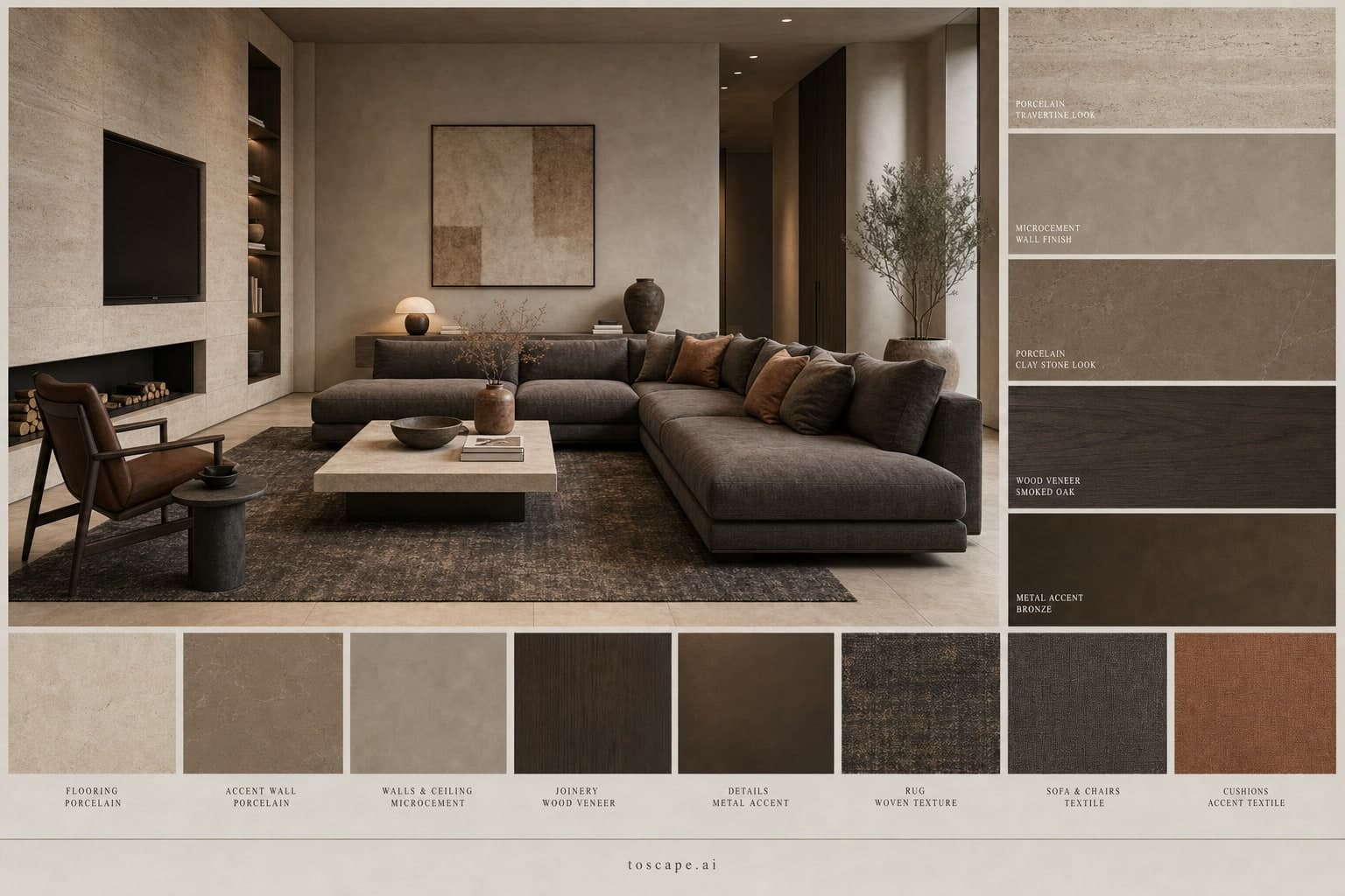 Modern Earth Organic Living Room — Brushed Metal interior moodboard plate