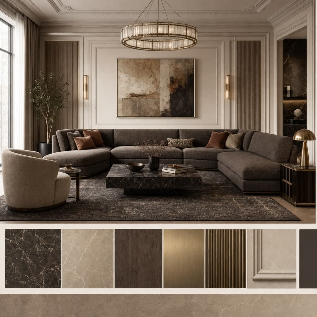Neoclassic Earth Organic Living Room — Honed Stone interior moodboard card