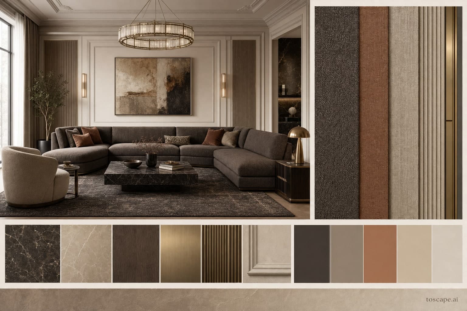 Neoclassic Earth Organic Living Room — Honed Stone interior moodboard plate