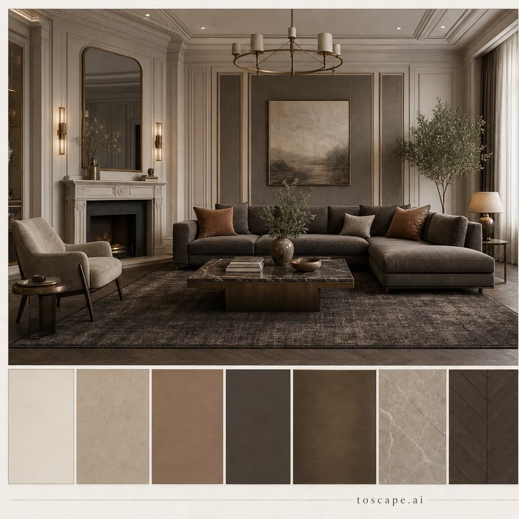 Neoclassic Earth Organic Living Room — Honed Stone interior moodboard card