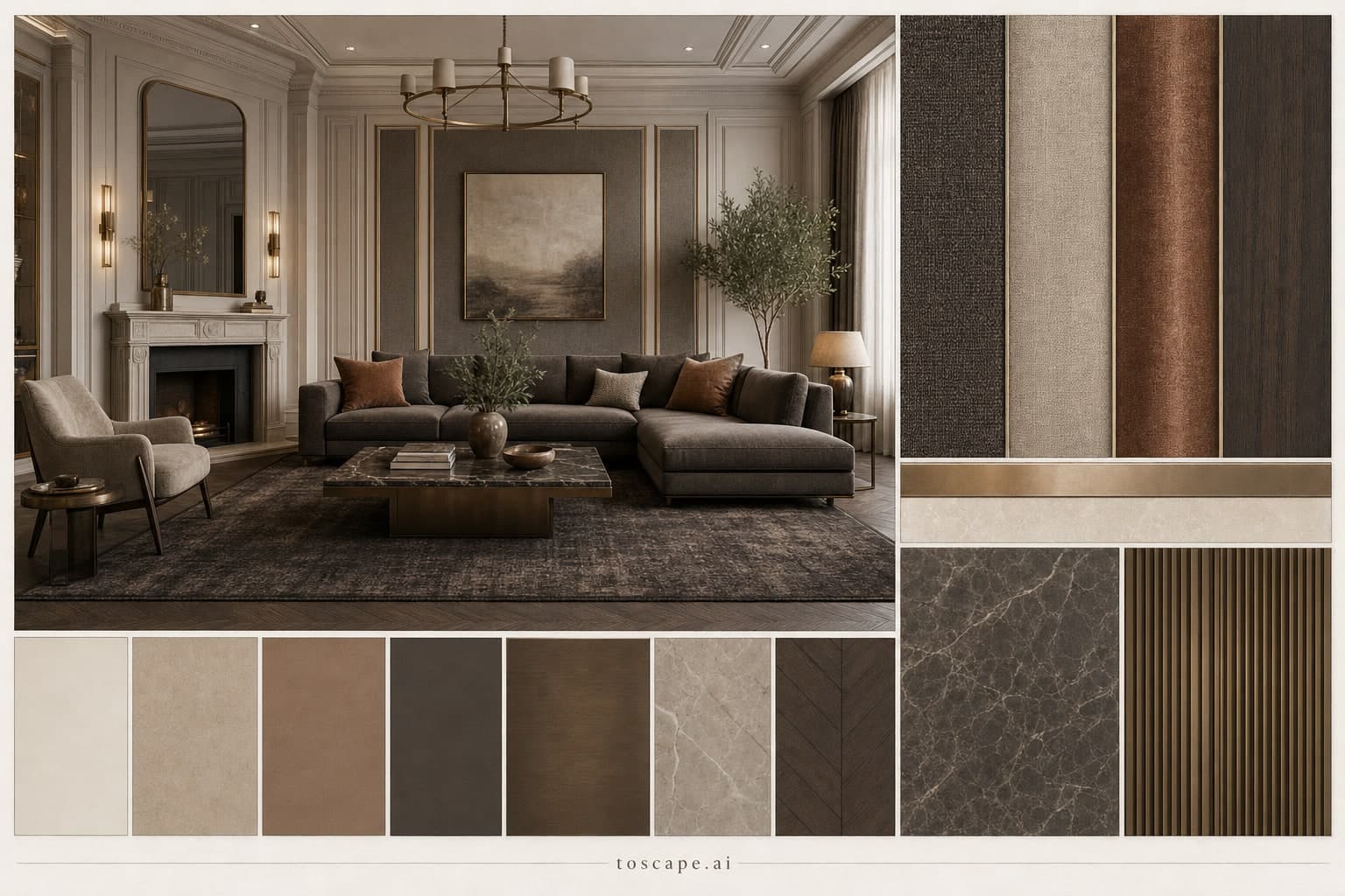 Neoclassic Earth Organic Living Room — Honed Stone interior moodboard plate