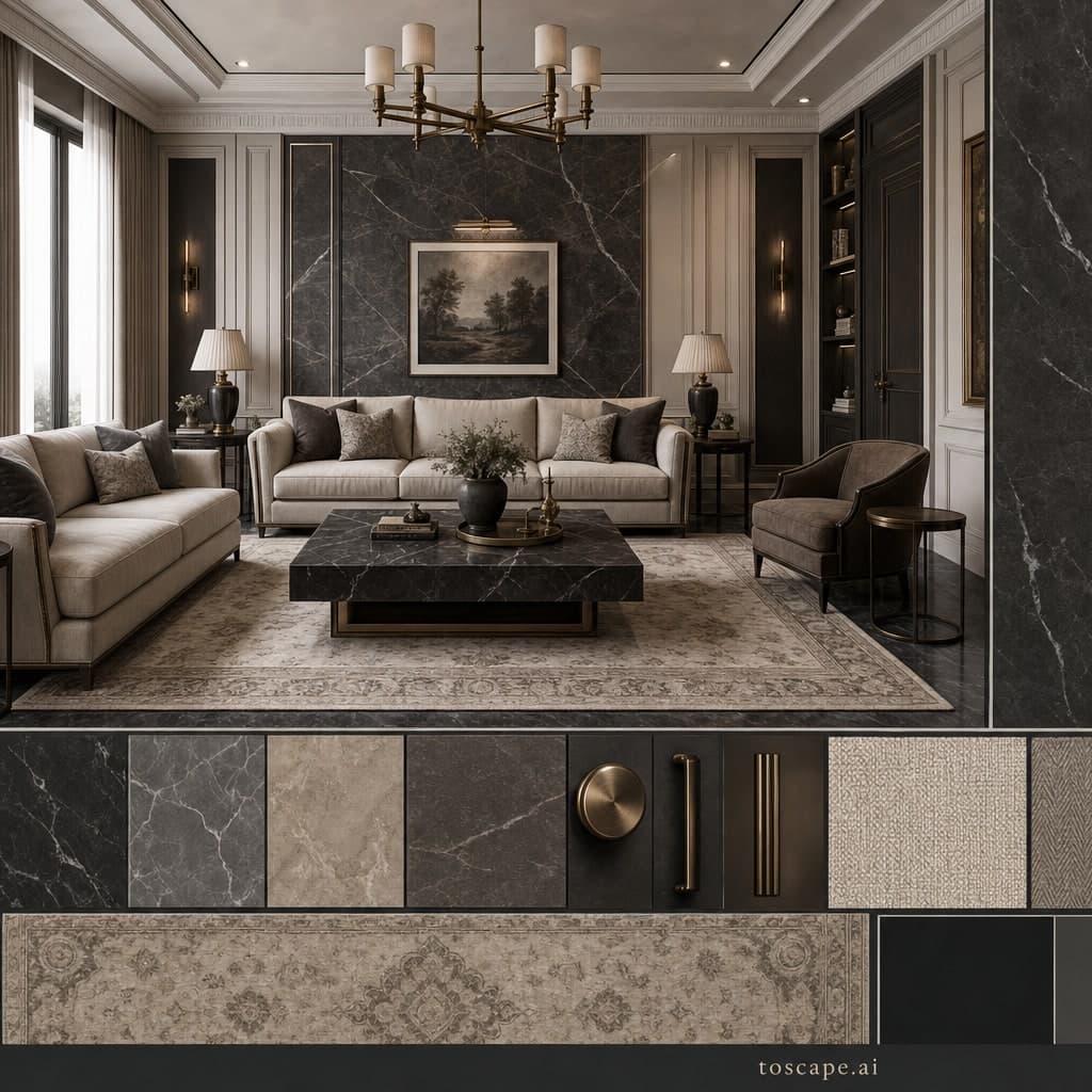 Neoclassic Dark Luxury Living Room — Satin interior moodboard card