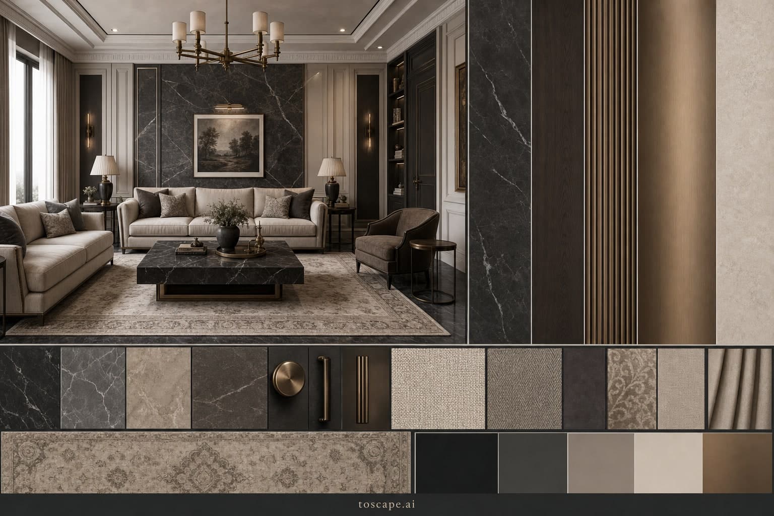 Neoclassic Dark Luxury Living Room — Satin interior moodboard plate
