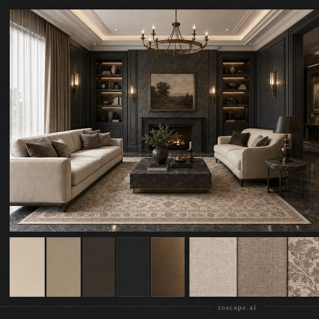 Neoclassic Dark Luxury Living Room — Satin interior moodboard card