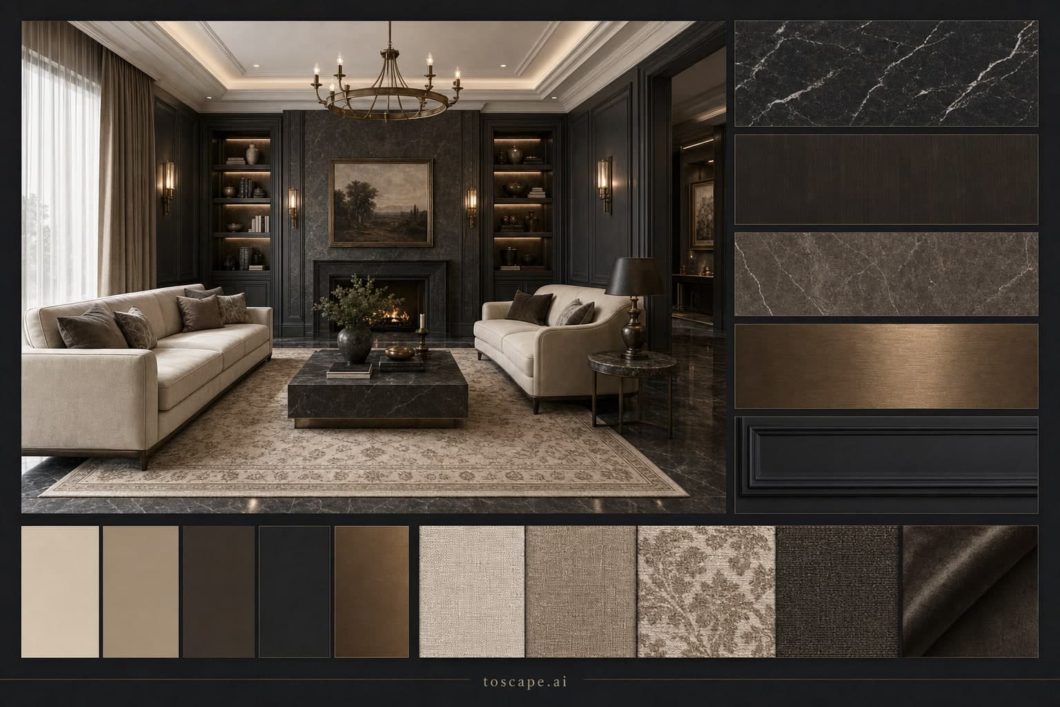 Neoclassic Dark Luxury Living Room — Satin interior moodboard plate