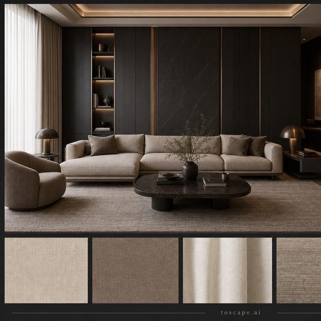 Modern Dark Luxury Living Room — Matte interior moodboard card