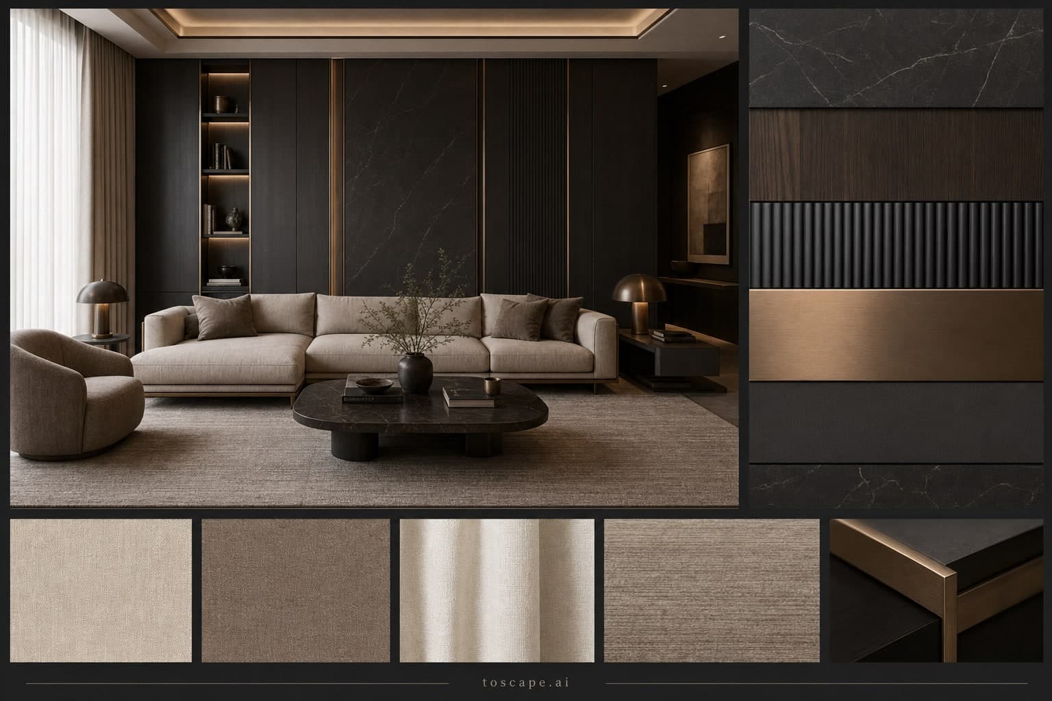 Modern Dark Luxury Living Room — Matte interior moodboard plate