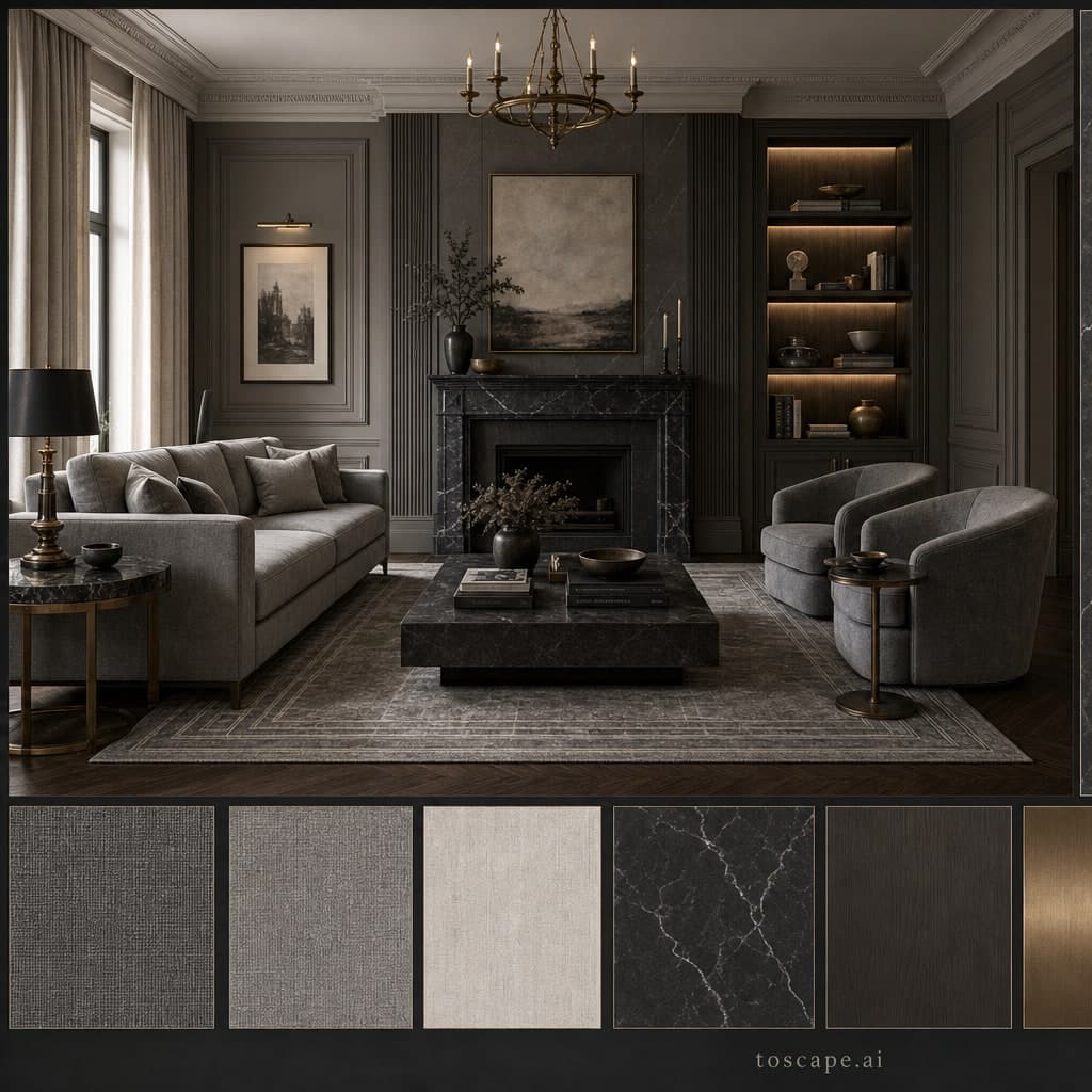 Neoclassic Dark Luxury Living Room — Matte interior moodboard card