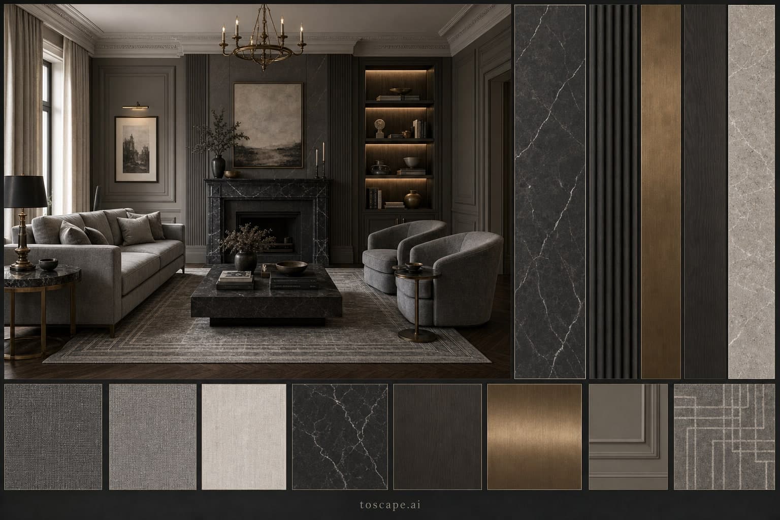 Neoclassic Dark Luxury Living Room — Matte interior moodboard plate