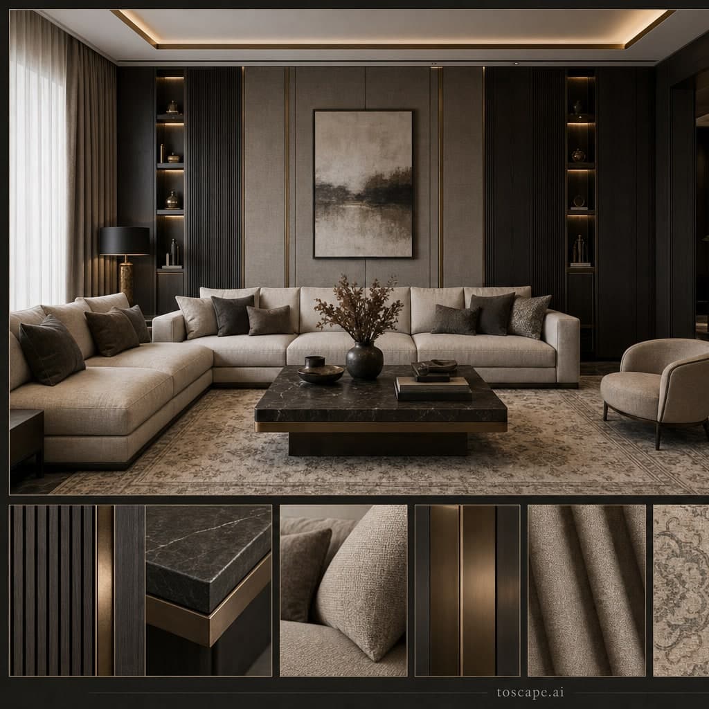 Modern Dark Luxury Living Room — Honed Stone interior moodboard card