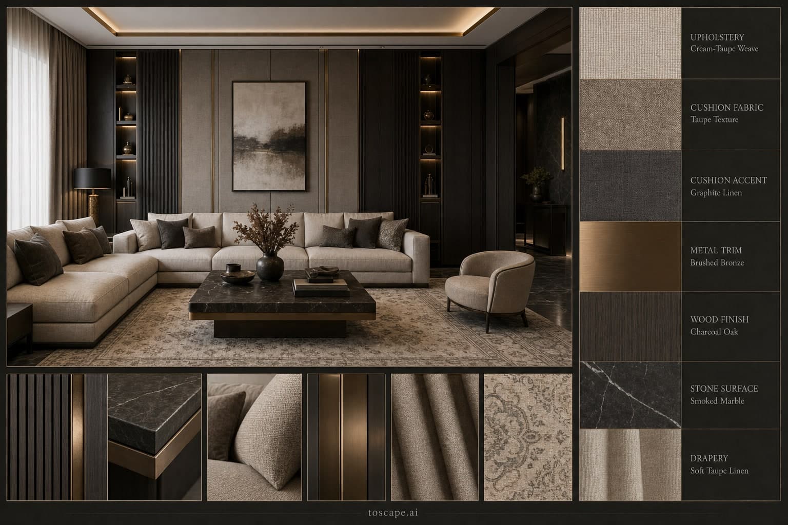 Modern Dark Luxury Living Room — Honed Stone interior moodboard plate