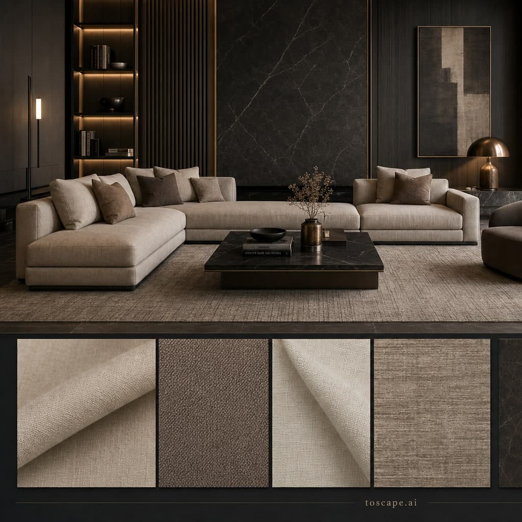 Modern Dark Luxury Living Room — Matte interior moodboard card