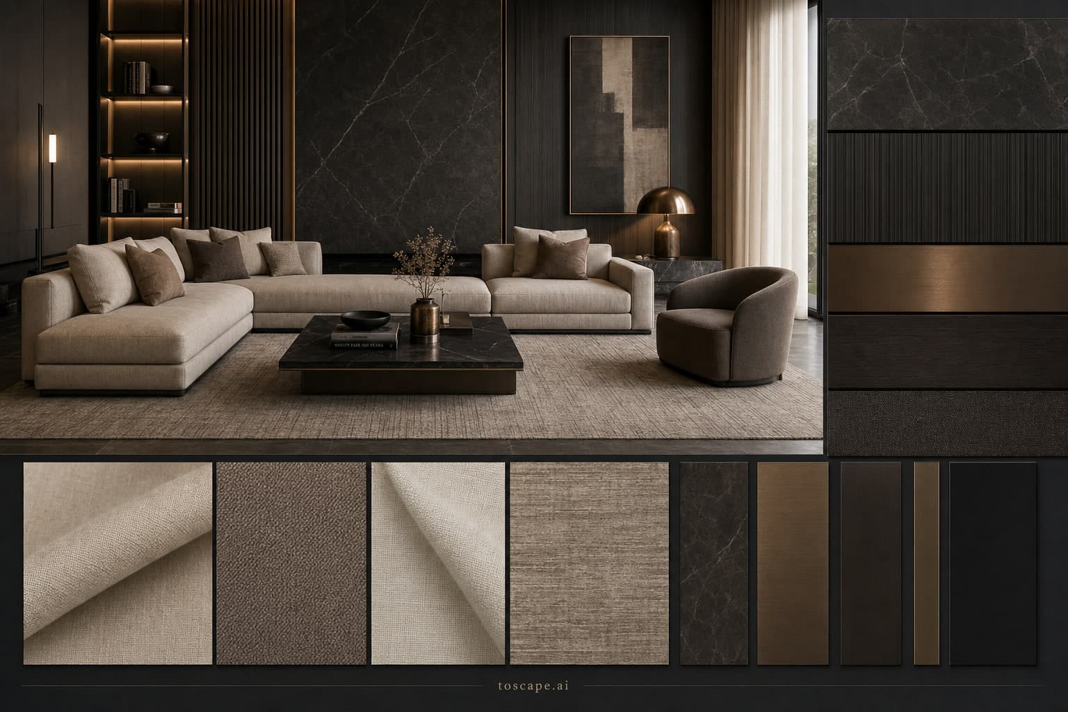 Modern Dark Luxury Living Room — Matte interior moodboard plate