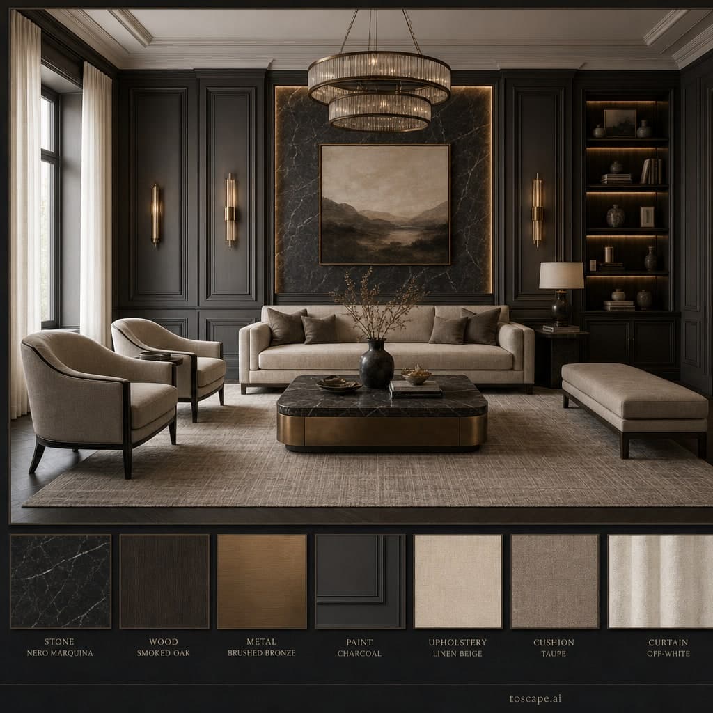 Neoclassic Dark Luxury Living Room — Brushed Metal interior moodboard card