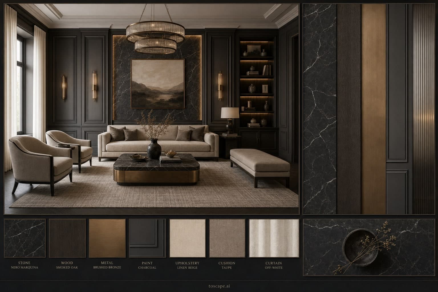 Neoclassic Dark Luxury Living Room — Brushed Metal interior moodboard plate