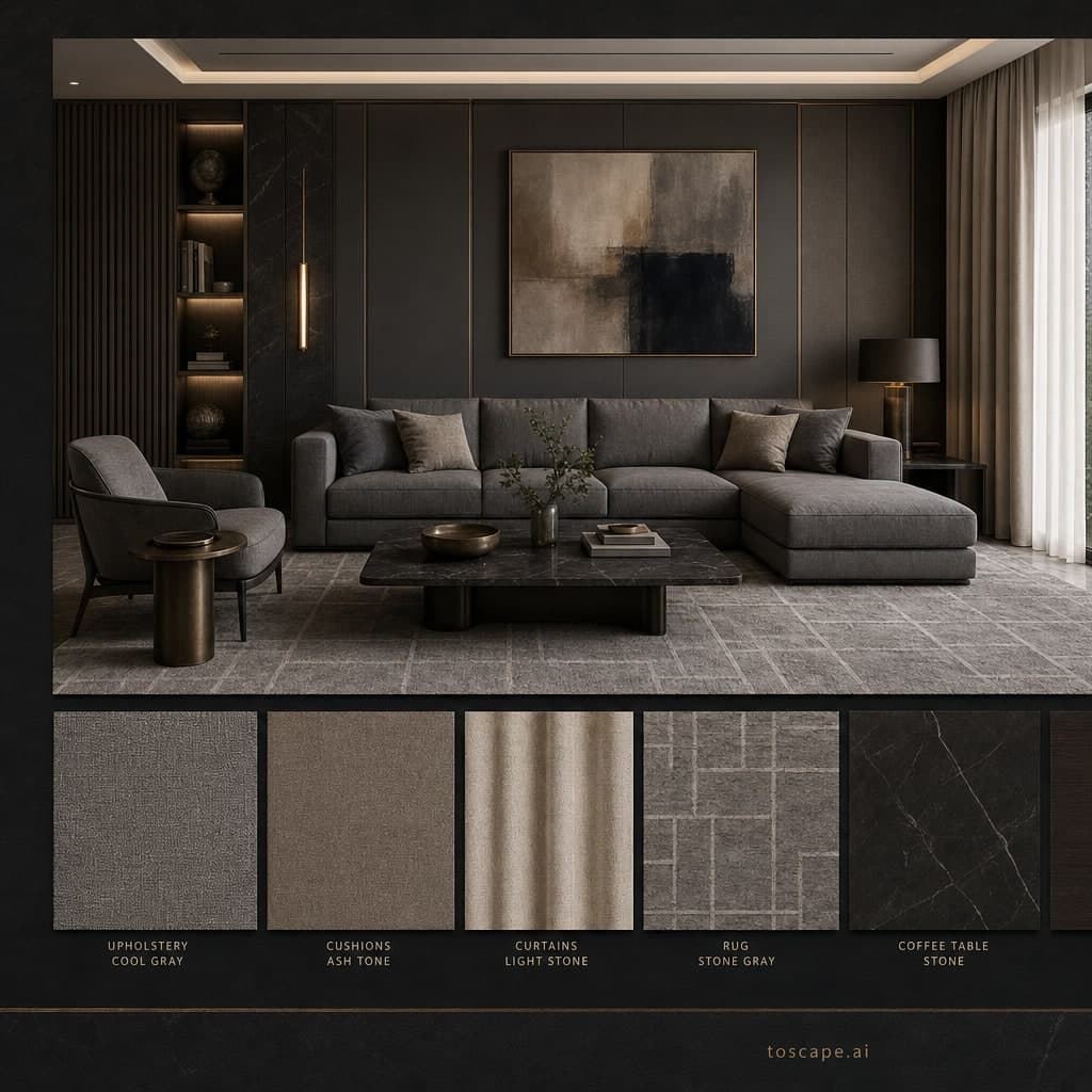 Modern Dark Luxury Living Room — Satin interior moodboard card