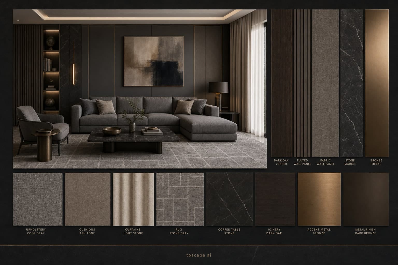 Modern Dark Luxury Living Room — Satin interior moodboard plate