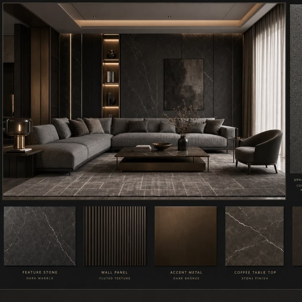 Modern Dark Luxury Living Room — Satin interior moodboard card