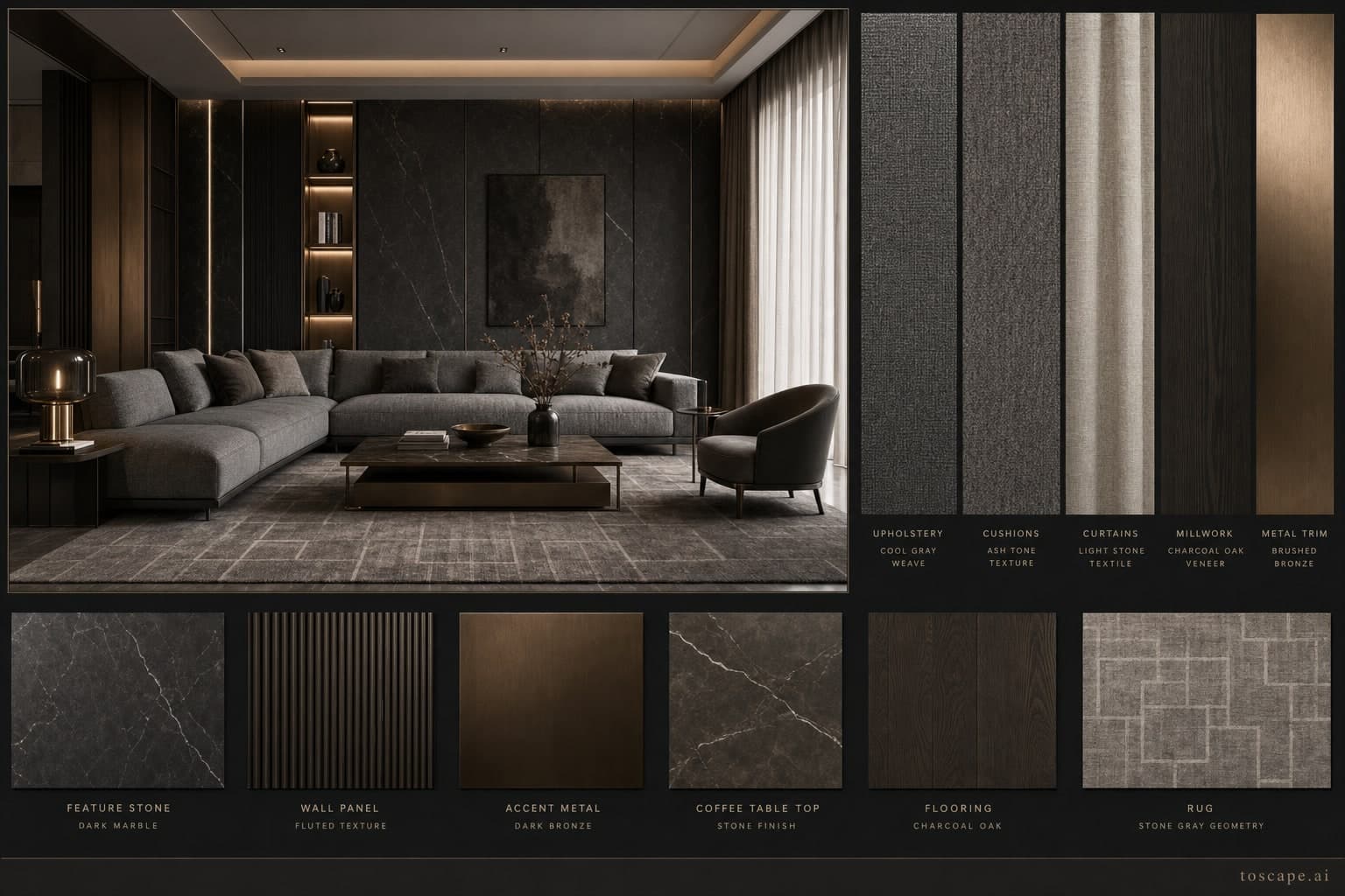 Modern Dark Luxury Living Room — Satin interior moodboard plate