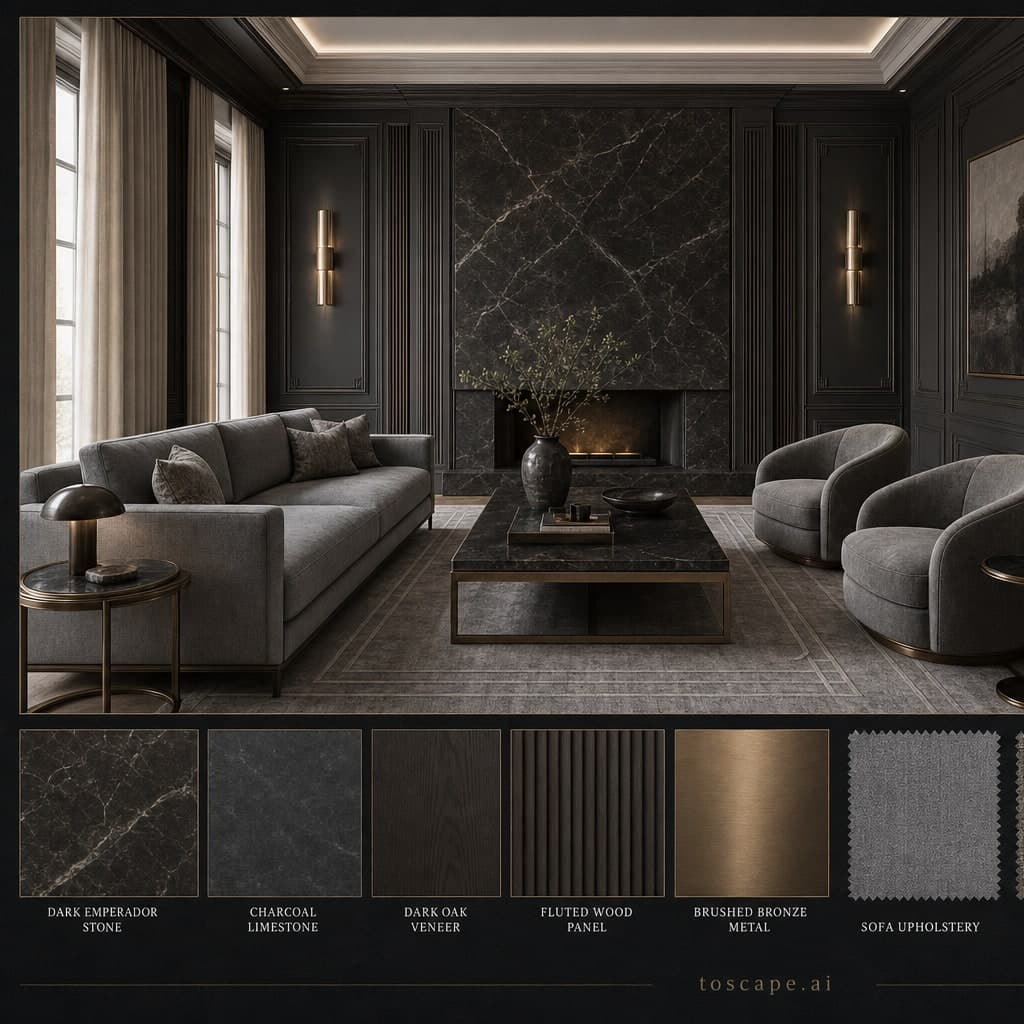 Neoclassic Dark Luxury Living Room — Matte interior moodboard card