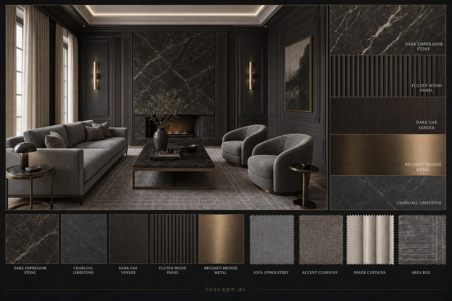 Neoclassic Dark Luxury Living Room — Matte interior moodboard plate