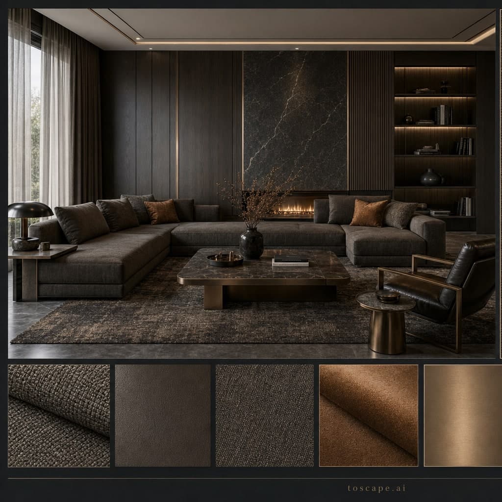 Modern Dark Luxury Living Room — Brushed Metal interior moodboard card