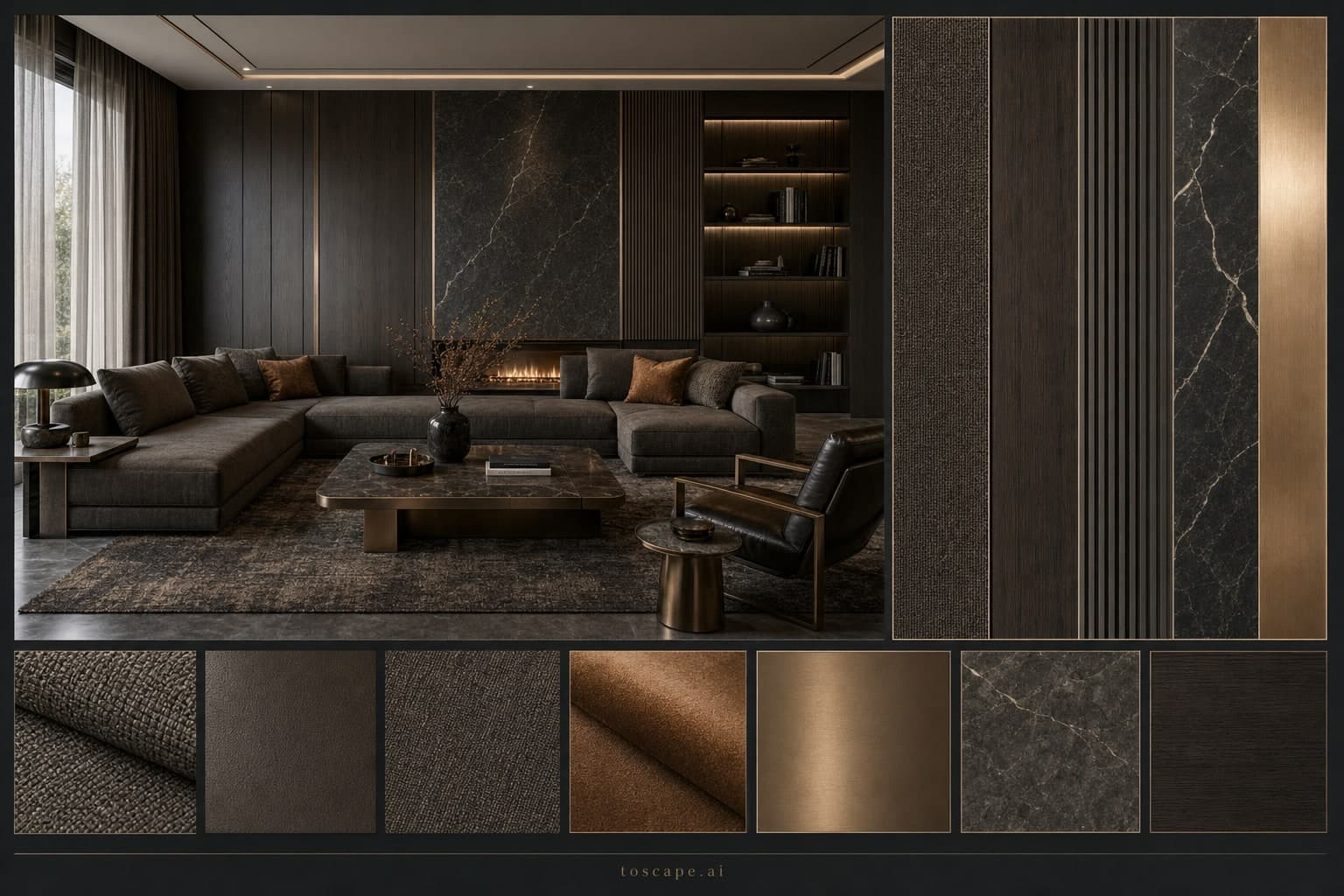 Modern Dark Luxury Living Room — Brushed Metal interior moodboard plate