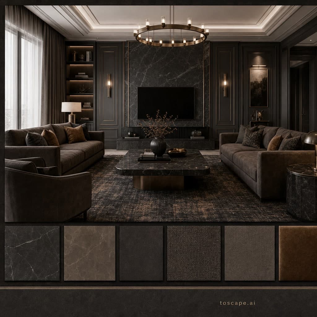 Neoclassic Dark Luxury Living Room — Honed Stone interior moodboard card
