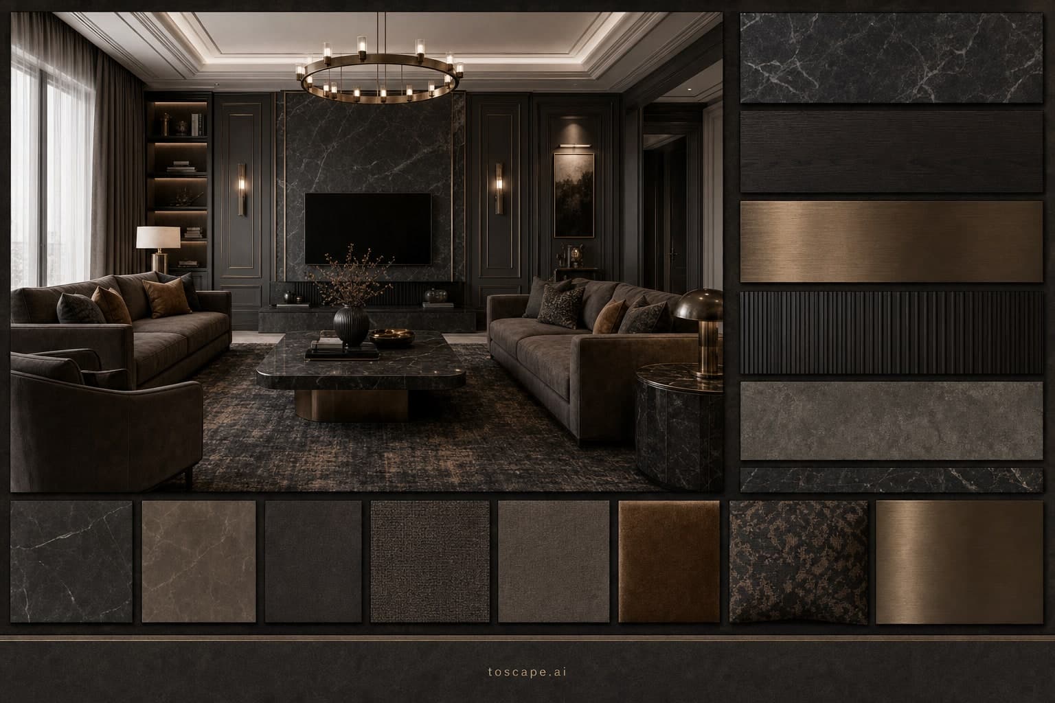 Neoclassic Dark Luxury Living Room — Honed Stone interior moodboard plate