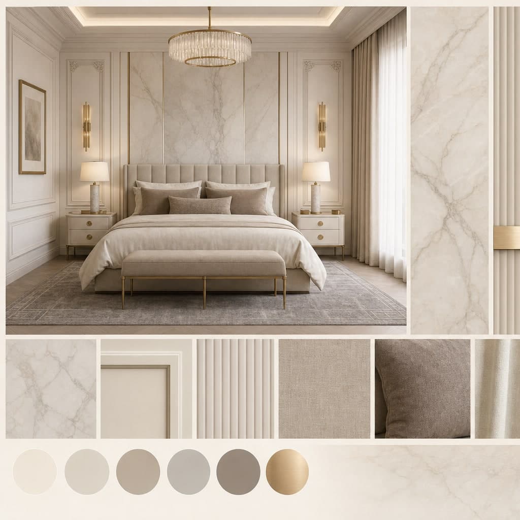 Neoclassic Light Luxury Bedroom — Matte interior moodboard card