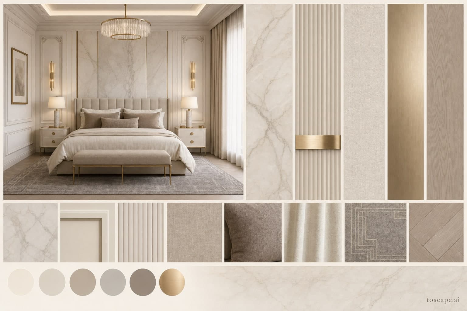 Neoclassic Light Luxury Bedroom — Matte interior moodboard plate