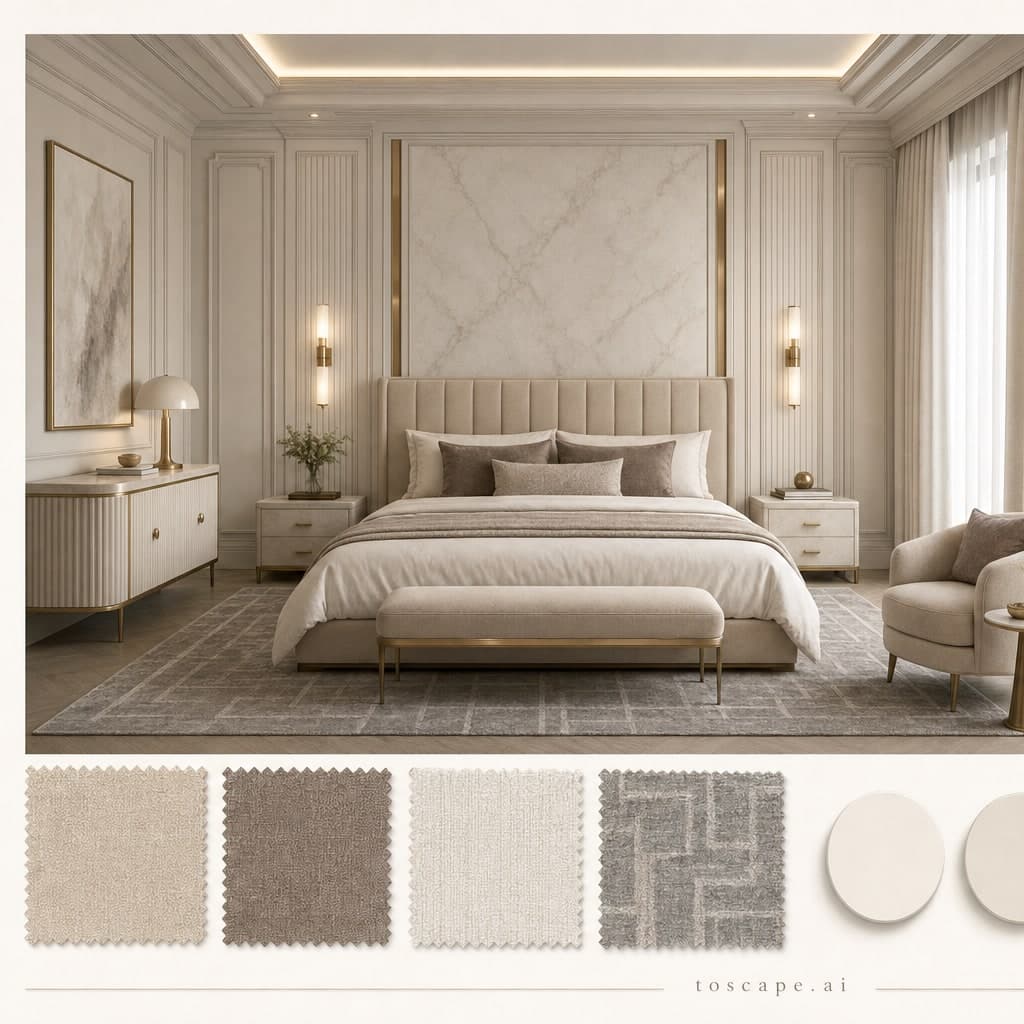 Neoclassic Light Luxury Bedroom — Matte interior moodboard card