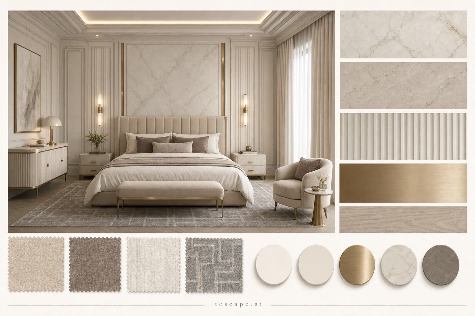 Neoclassic Light Luxury Bedroom — Matte interior moodboard plate