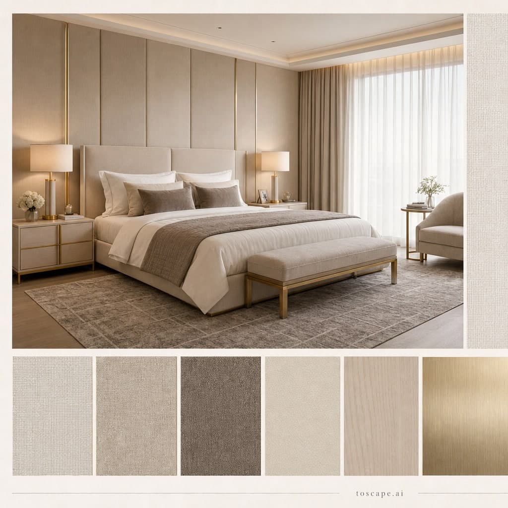 Modern Light Luxury Bedroom — Satin interior moodboard card