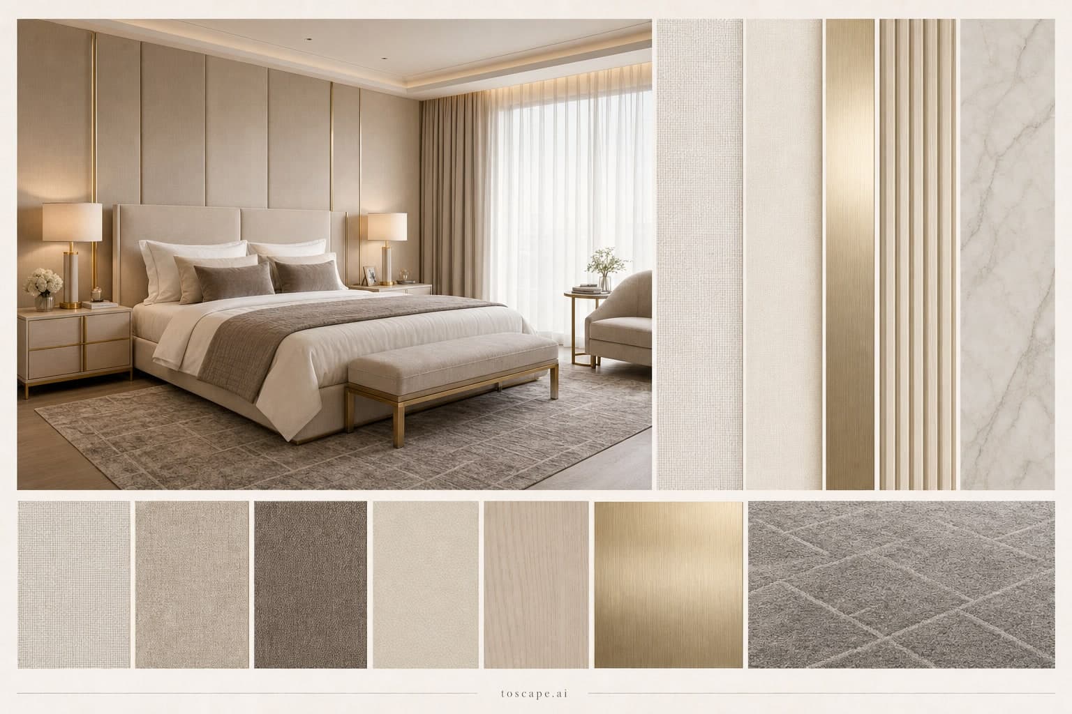 Modern Light Luxury Bedroom — Satin interior moodboard plate