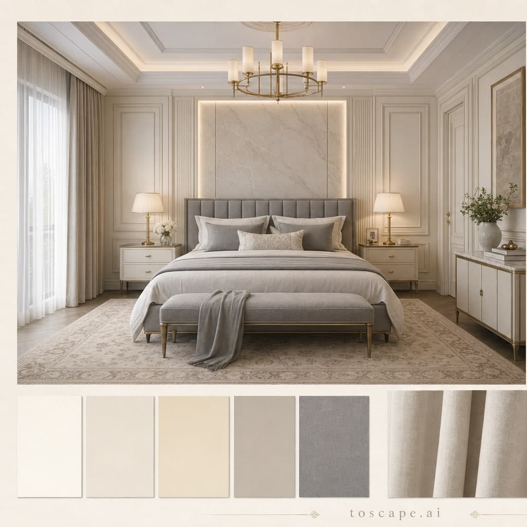 Neoclassic Light Luxury Bedroom — Satin interior moodboard card