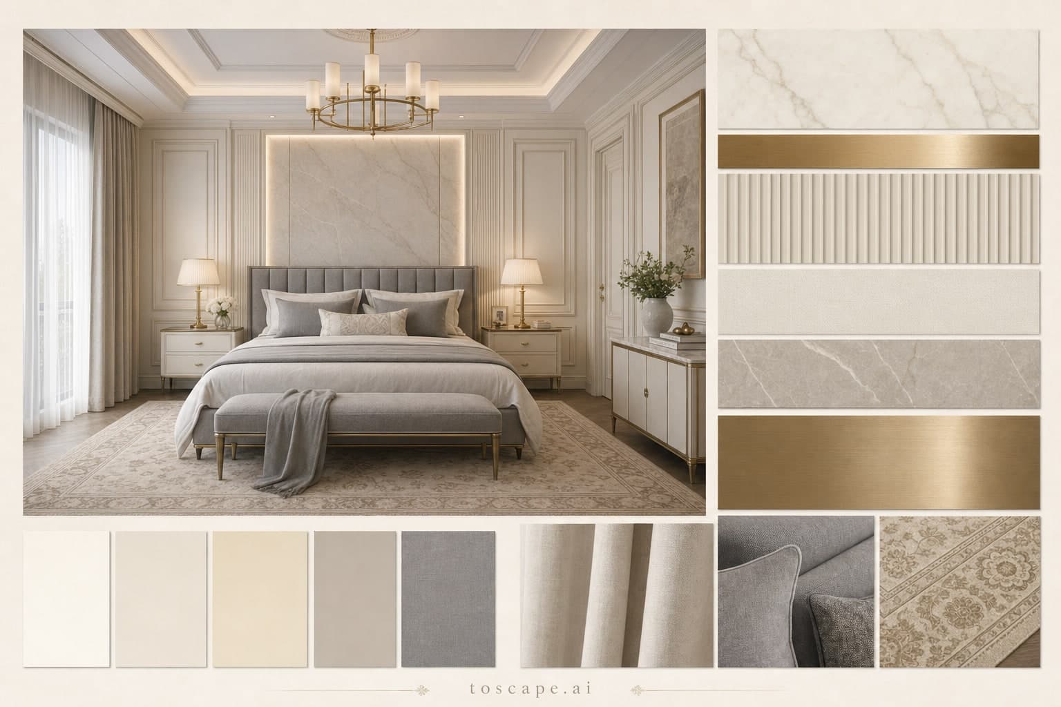 Neoclassic Light Luxury Bedroom — Satin interior moodboard plate