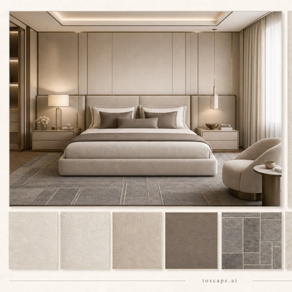 Modern Light Luxury Bedroom — Satin interior moodboard card