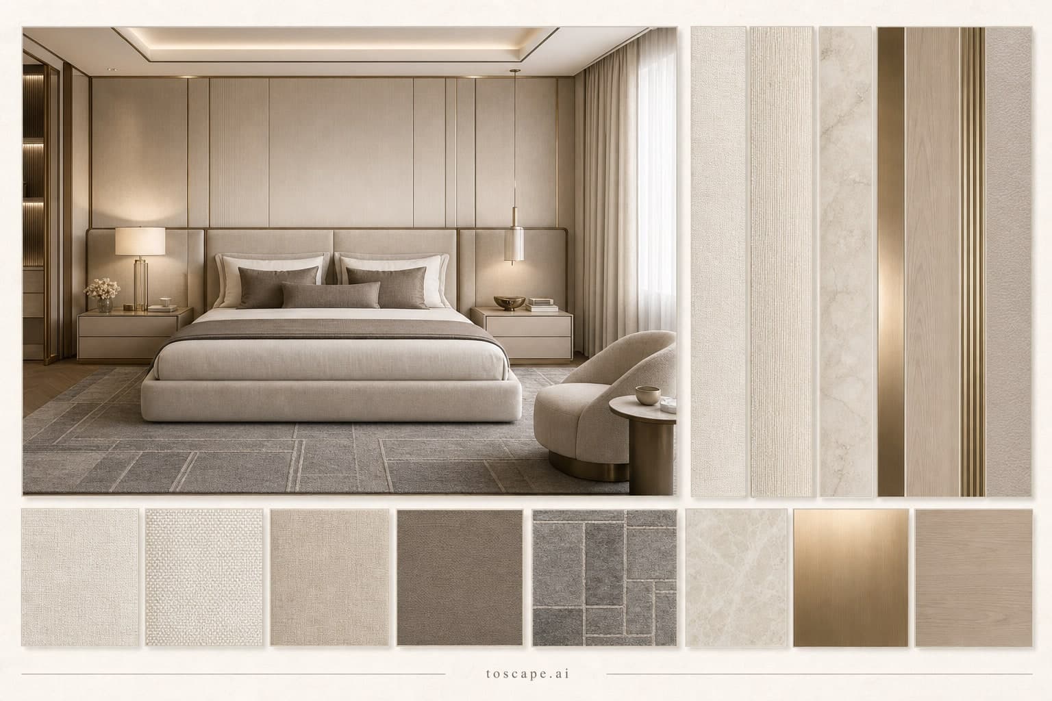 Modern Light Luxury Bedroom — Satin interior moodboard plate