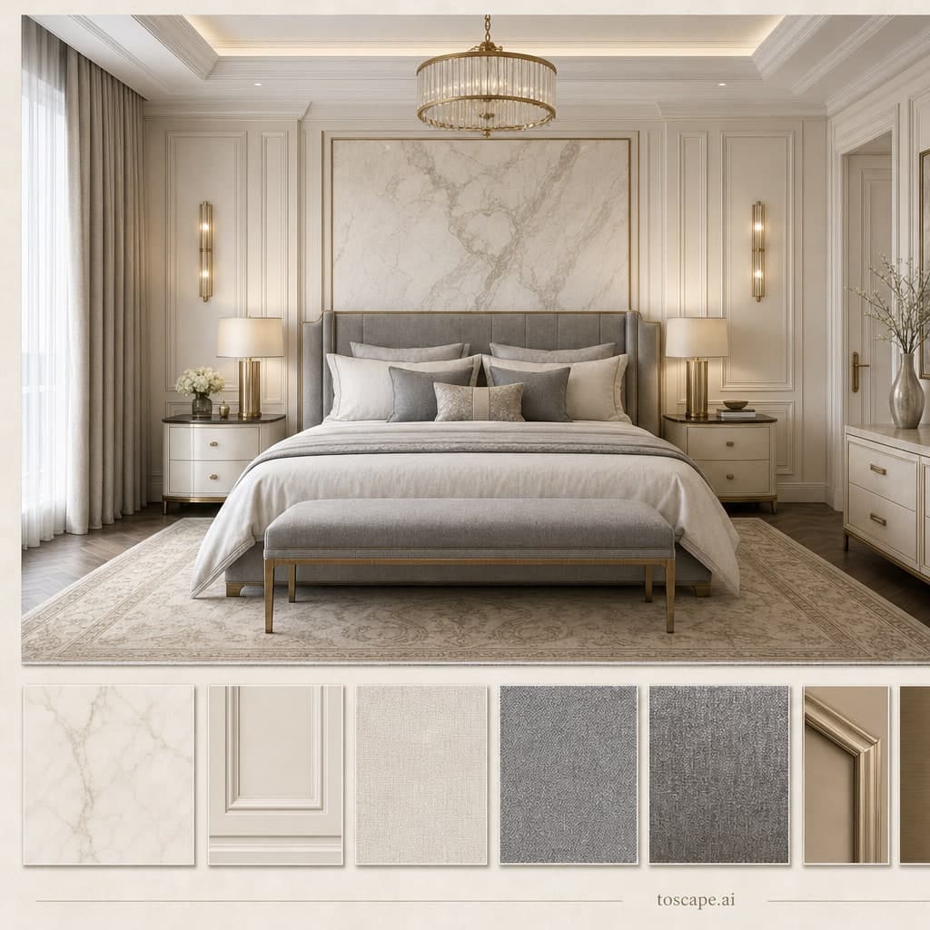 Neoclassic Light Luxury Bedroom — Satin interior moodboard card
