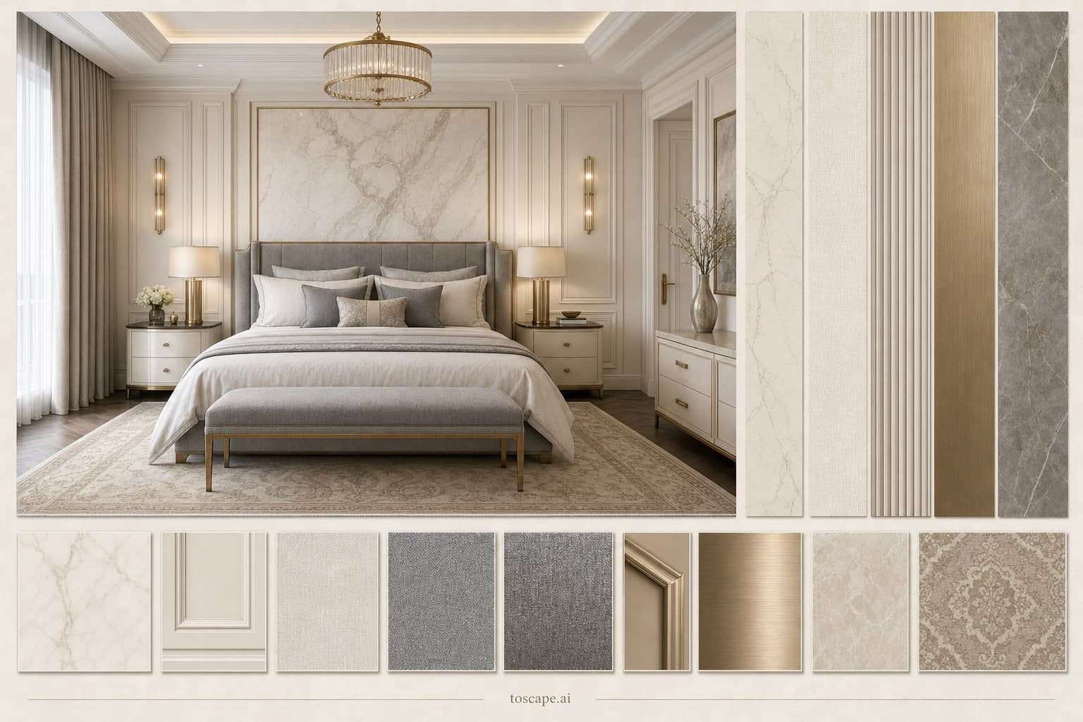 Neoclassic Light Luxury Bedroom — Satin interior moodboard plate
