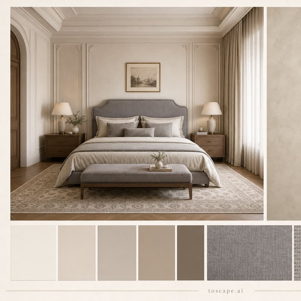 Neoclassic Warm Neutral Bedroom — Satin interior moodboard card