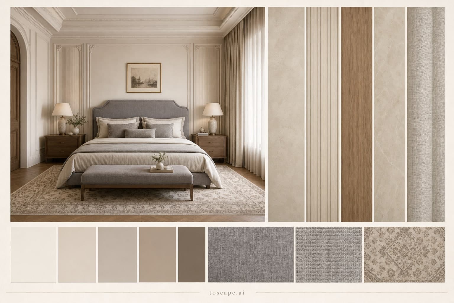 Neoclassic Warm Neutral Bedroom — Satin interior moodboard plate