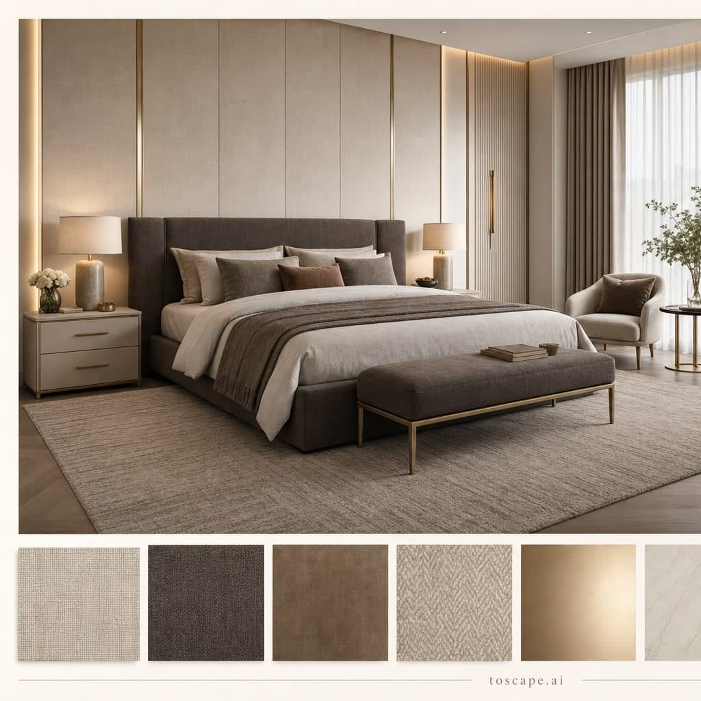 Modern Light Luxury Bedroom — Matte interior moodboard card