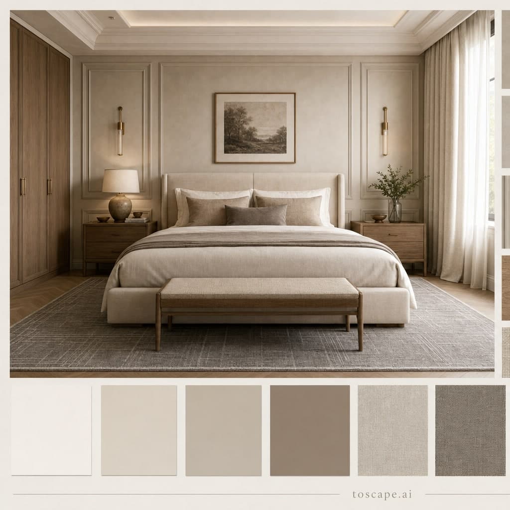Neoclassic Warm Neutral Bedroom — Matte interior moodboard card