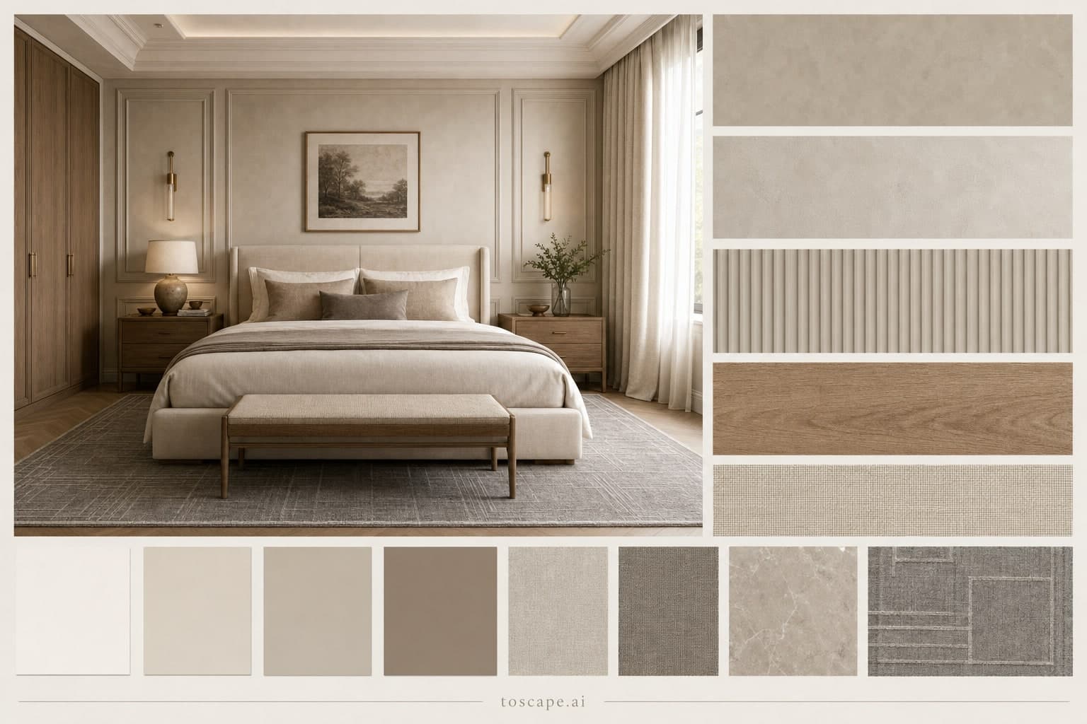 Neoclassic Warm Neutral Bedroom — Matte interior moodboard plate