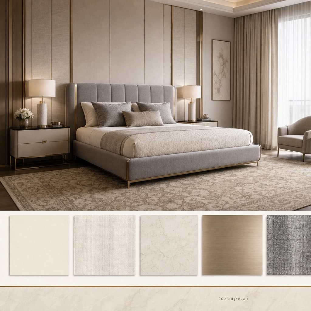 Modern Light Luxury Bedroom — Honed Stone interior moodboard card