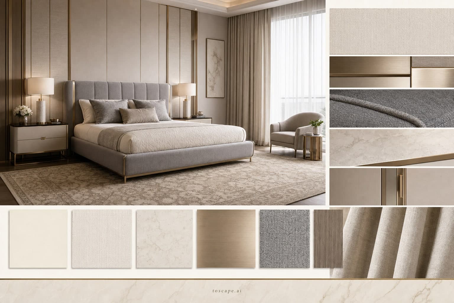 Modern Light Luxury Bedroom — Honed Stone interior moodboard plate